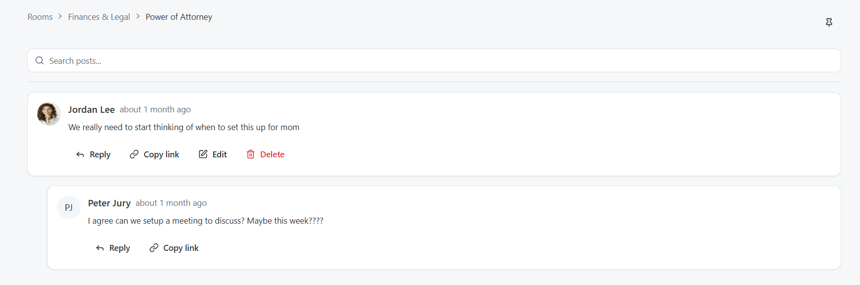 Conversation detail (posts + replies)