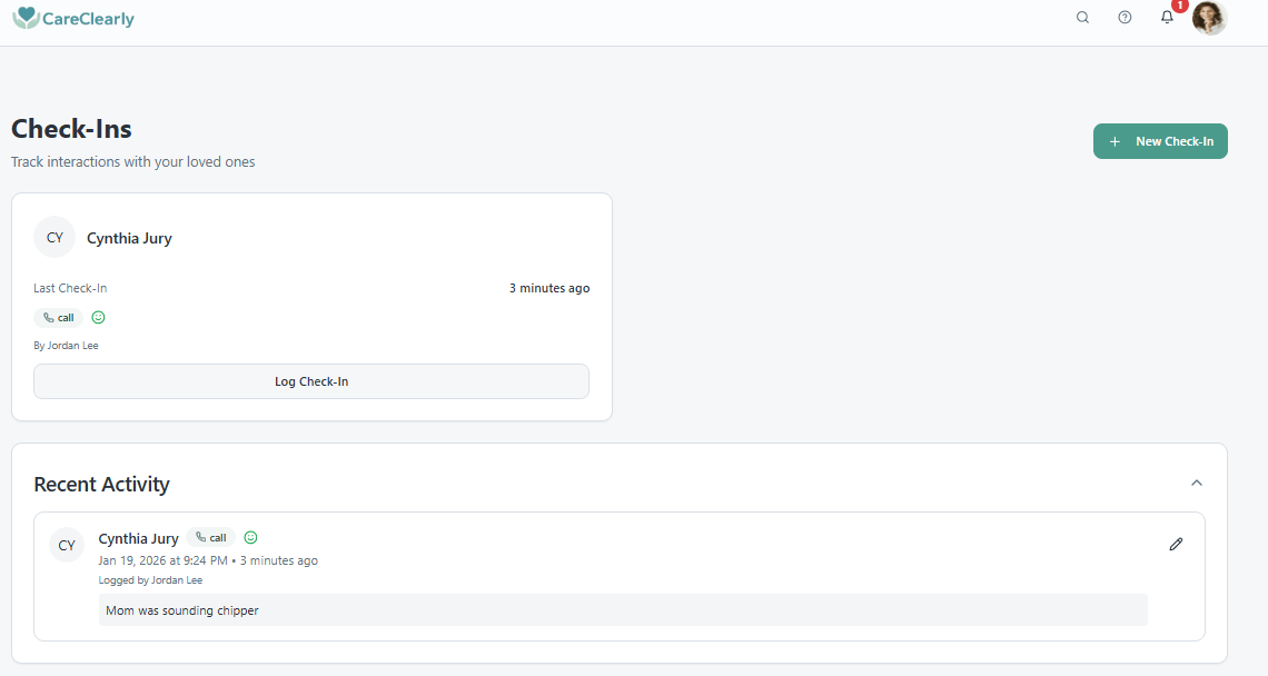 Check-ins page (parent cards + recent activity)