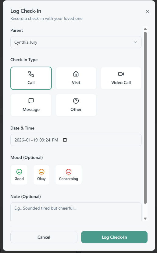 Log check-in form