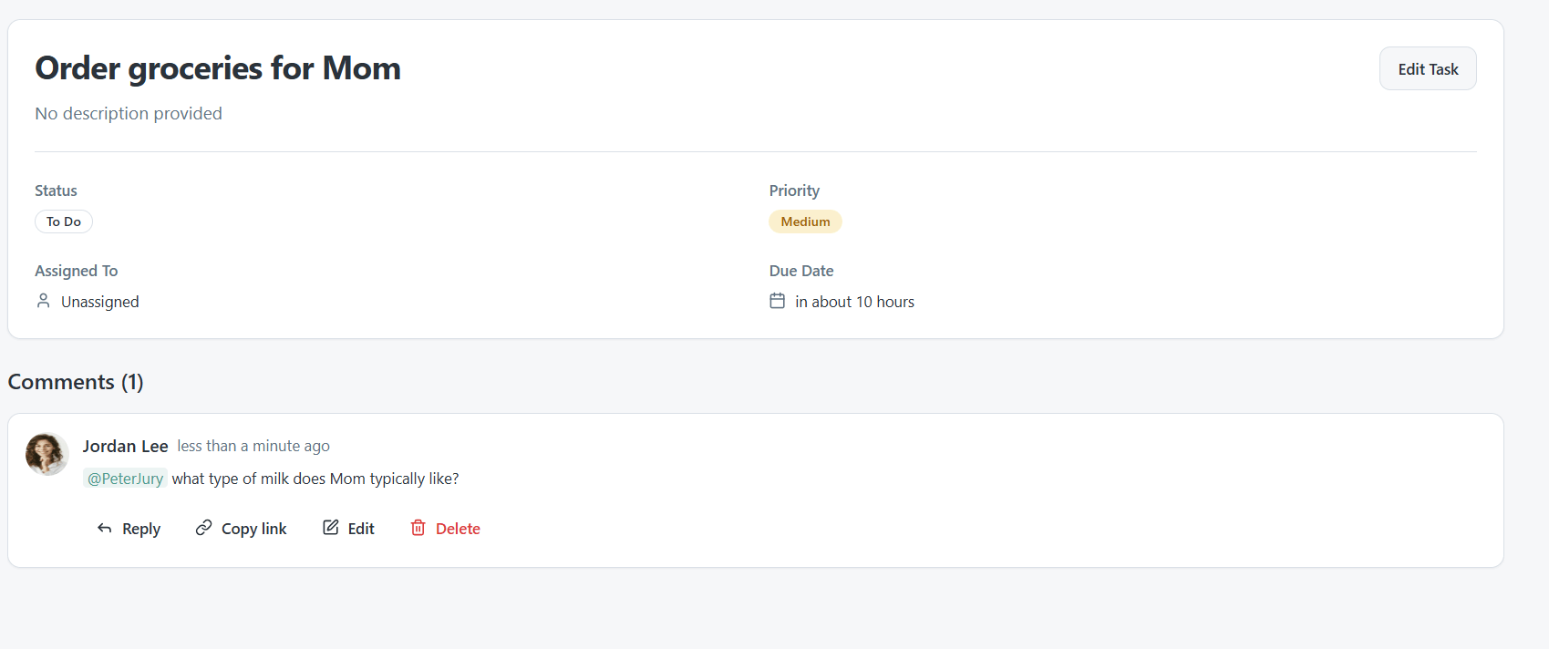 Task detail with comments